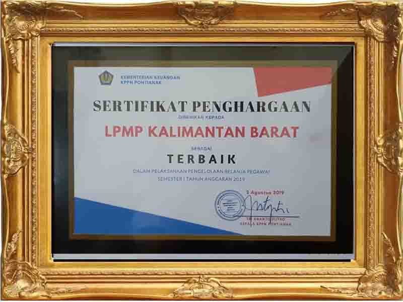 Piagam Penghargaan Dalam Pelaksanaan Pengelolaan Belanja Pegawai Semester I dengan Predikat "Terbaik" Tahun Anggaran 2019