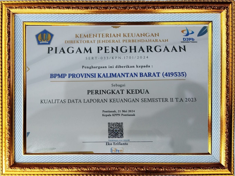 Penghargaan Kualitas Data Laporan Keuangan  sms II dengan Predikat "Peringkat II" Tahun 2023